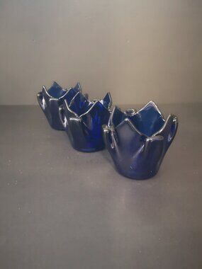 VTG PartyLite Cobalt Blue Handkerchief Molded Glass Candle Holders Set of 3